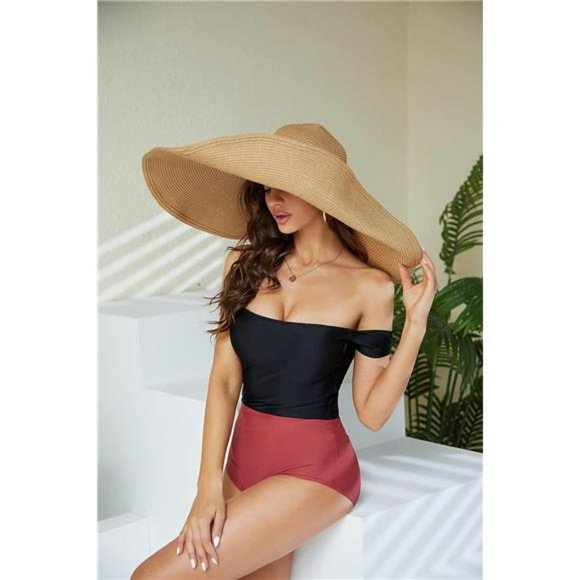 Khaki Straw Hat Trendy Wide Brim Floppy Large Oversized Visor Hat Cap Beach - Picture 2 of 6